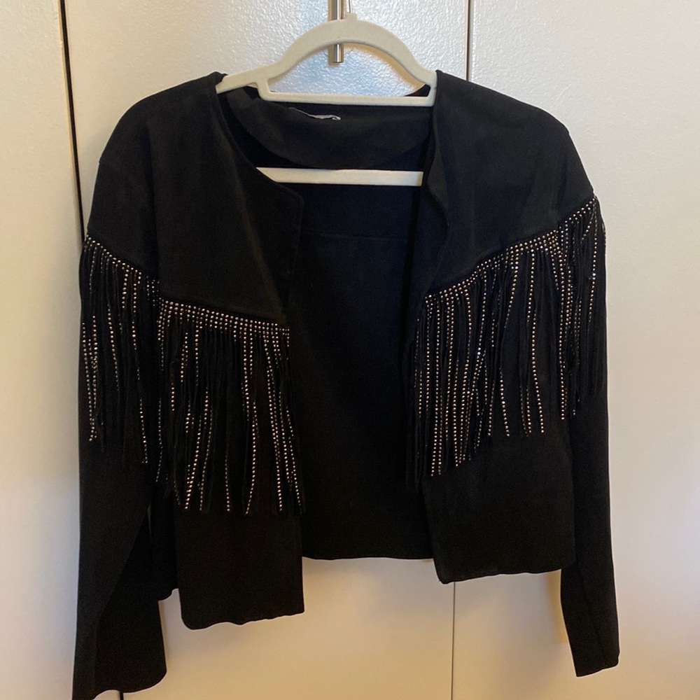 BLACK SPARKLY FRINGE COAT - ZARA